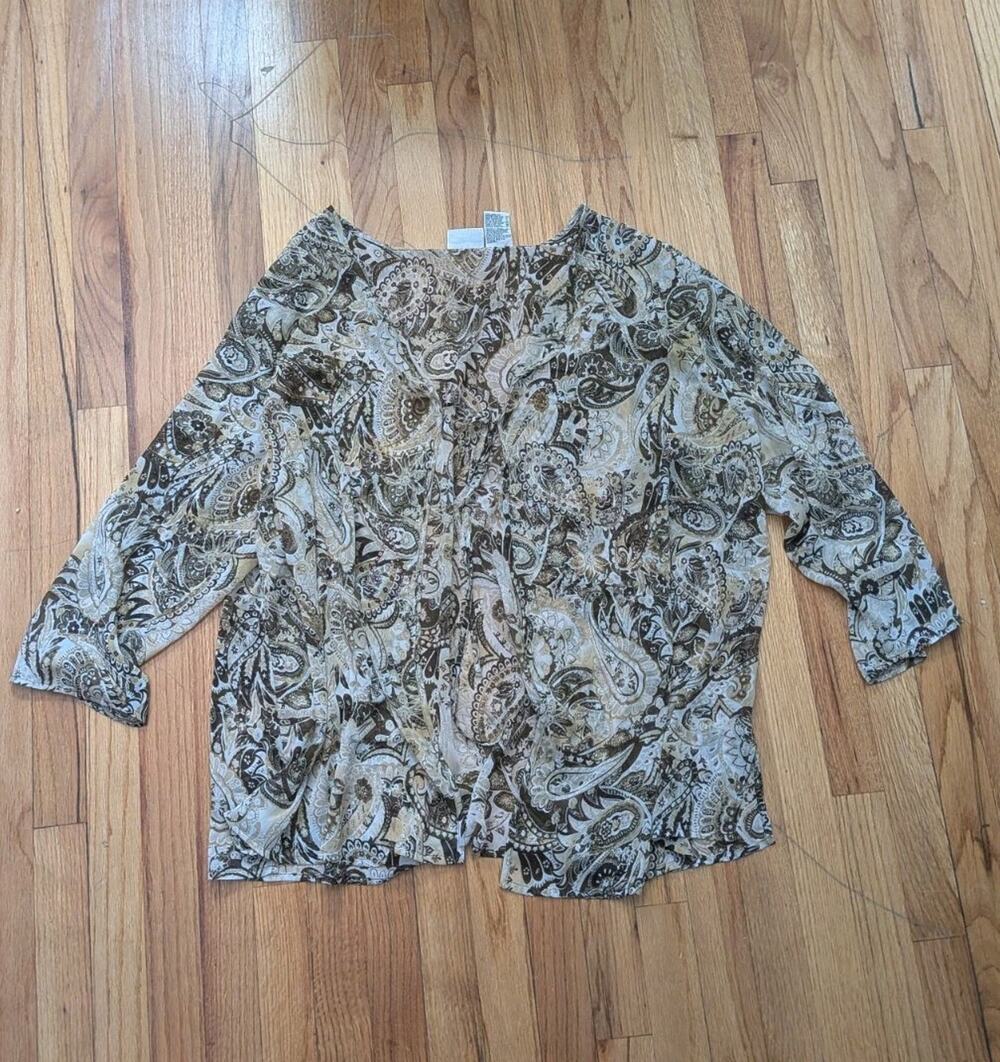 White Stag Womens Plus 26W/28W Paisley Sheer Tie Front Cardigan Brown Cover Up
